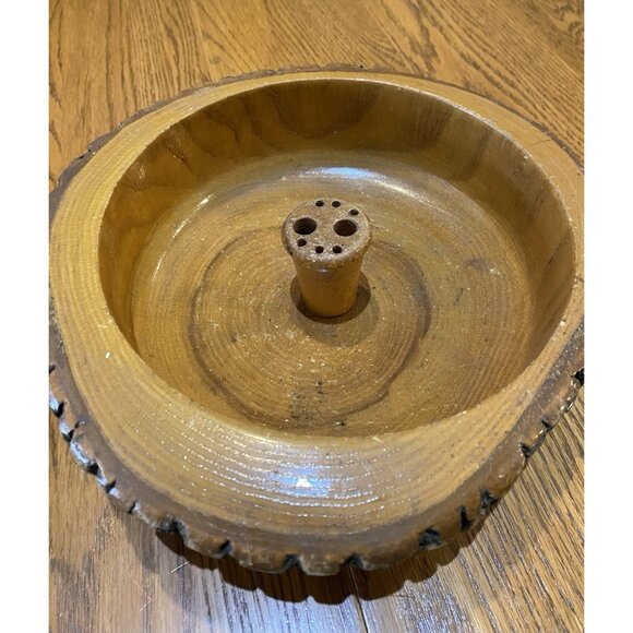Vintage Handcrafted Wood Nut Cracker Bowl One Cracker 6 Picks W/Bark Brown 10” - Picture 2 of 4